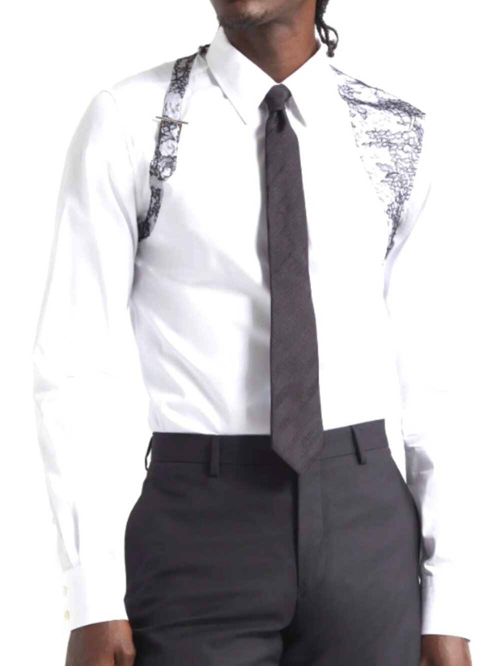 Alexander McQueen Floral Lace Harness Strap Cotton Poplin Button-Up Shirt
